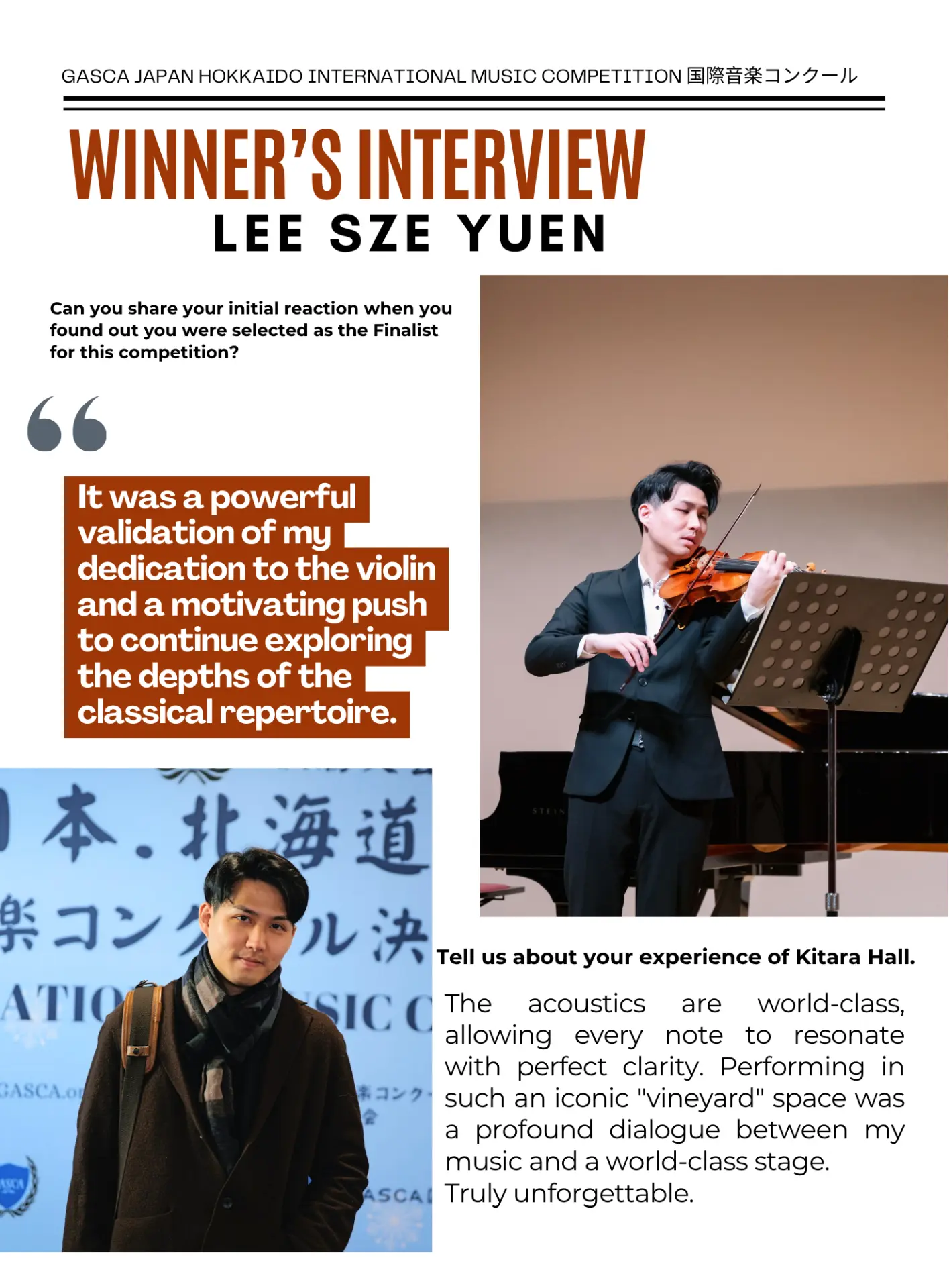 Winner interview with Lee Sze Yuen, GASCA Hokkaido violin finalist