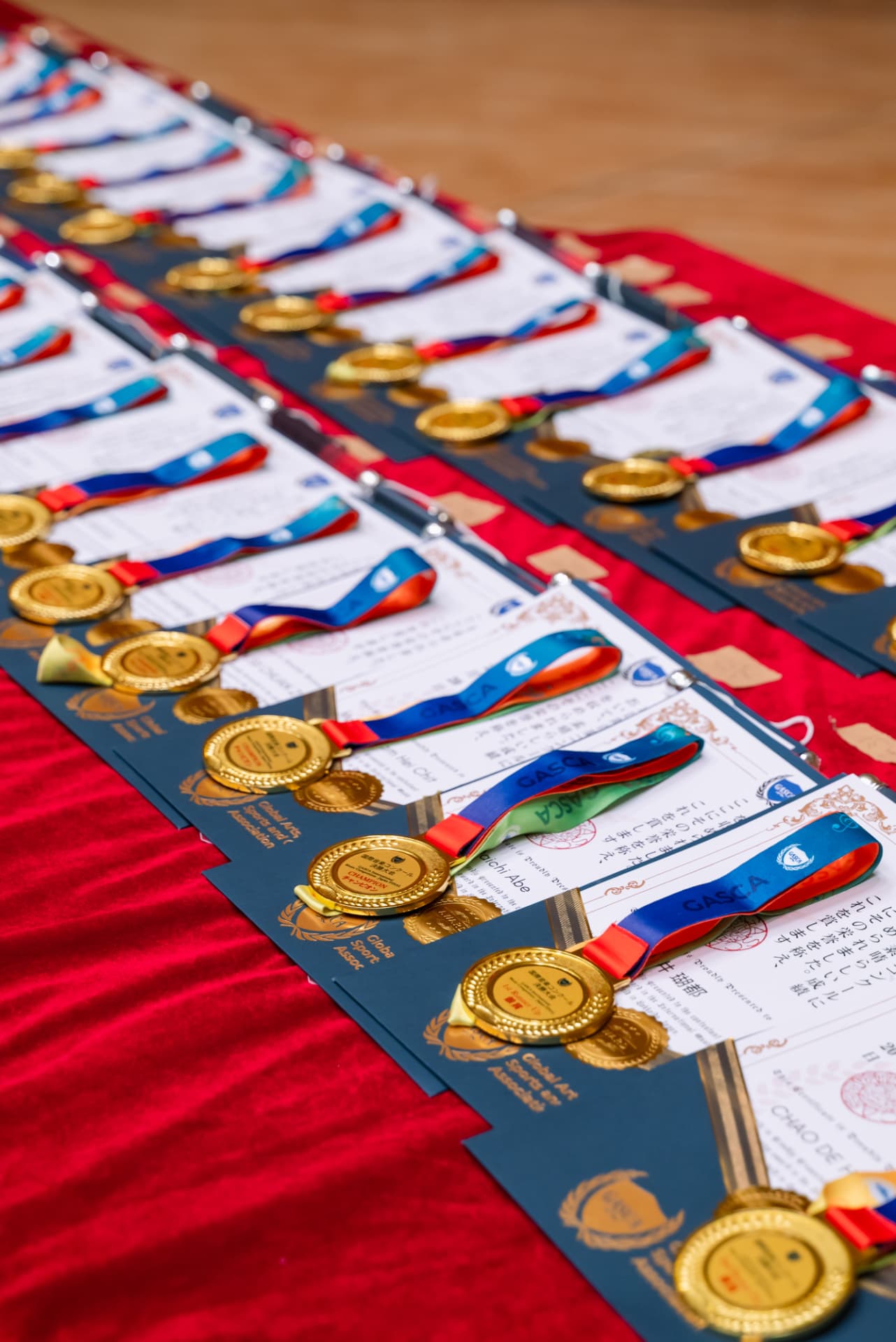 Gold medals and certificates laid out on a red cloth
