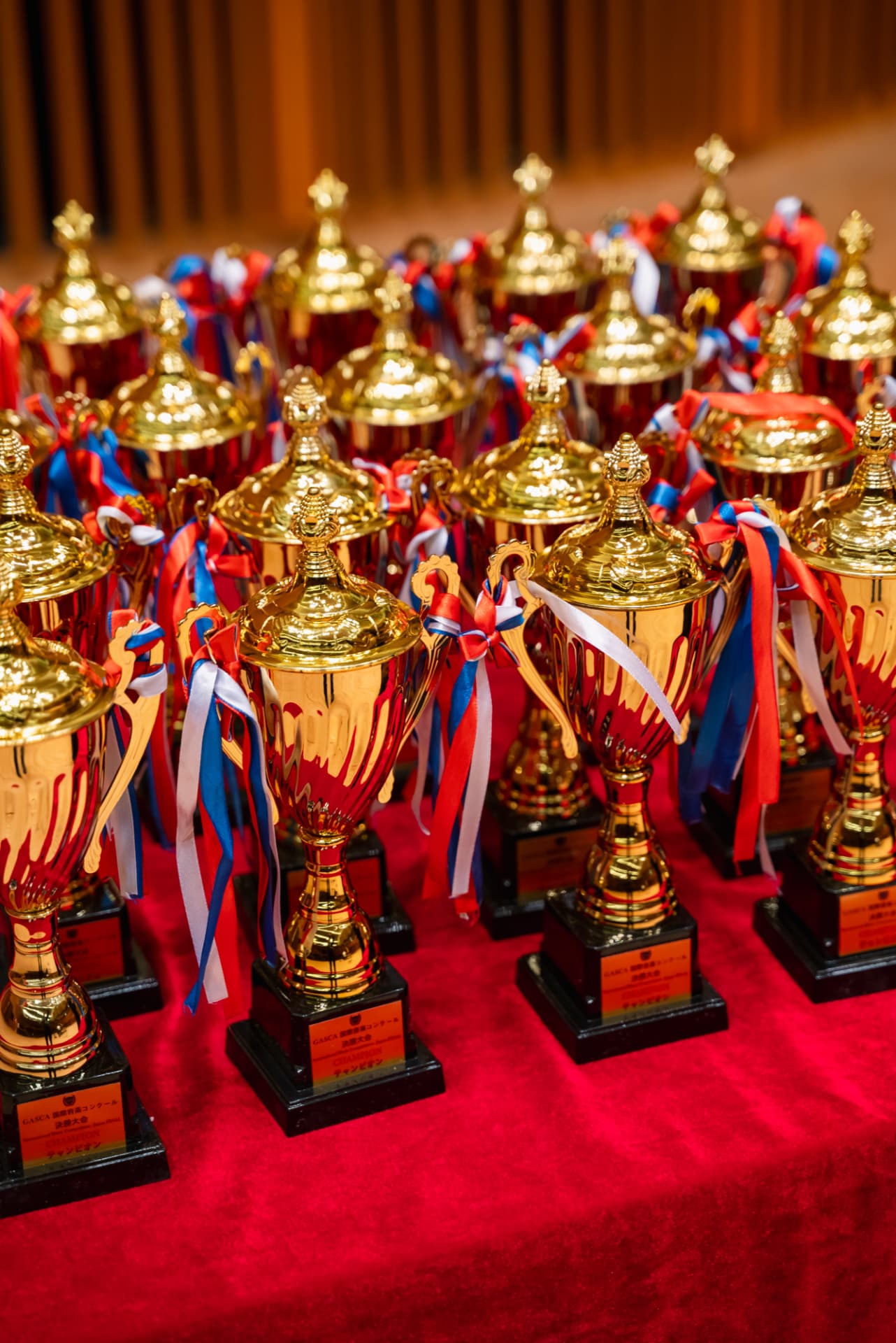 Rows of golden GASCA trophies with ribbons on a red table