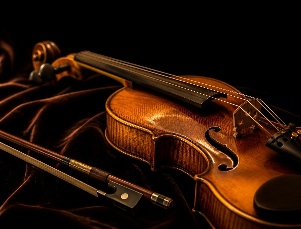 Violin and bow resting on dark velvet
